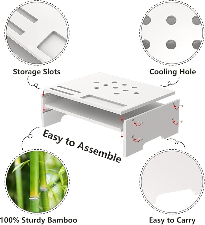 Bambloom Monitor Stand Riser with Storage Organizer Desktop with Cooling Holes Bamboo Laptop Riser Shelf for Office and Home Use 16.7x11.8x5 inch (White)
