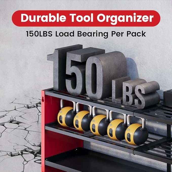53" Power Tool Organizer Wall Mount with Power Strip, Heavy Duty Metal Tool Shelf, 400lbs Capacity for Cordless Drills, Batteries & Garage Storage (12 Slots with 8 Outlets Power Strip)