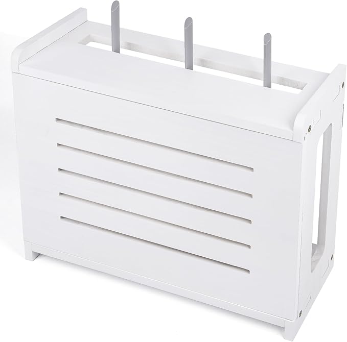 Router Shelf Wall Mount WiFi Router Storage Box Modem Cable Cover Organized Power Strip Cable Management Hider Rack By Solid Wood White