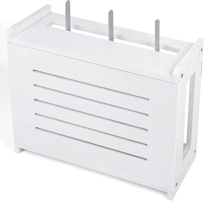 Router Shelf Wall Mount WiFi Router Storage Box Modem Cable Cover Organized Power Strip Cable Management Hider Rack By Solid Wood White