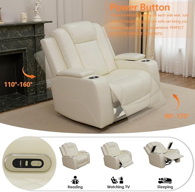 3 Seat Recliner Sofa for Living Room,Living Room Furniture Sets Recling Couch with LED,Soft Creamy White Leather Power Reclining Sofa with Cup Holders,Storage,Breathing Leather for Home/Office