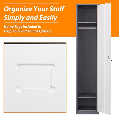 Metal Locker for Home, Dressing Room, 71" Steel Storage Lockers for Employees, Lockable Locker Cabinet with 1 Door (Grey White)
