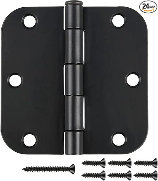 JIW 24 Pack Door Hinges Matte Black 3.5 Inch Rounded Interior Door Hinge with 5/8" Radius Corners - Black Hinges for Doors 3 1/2 Inches Flat Iron Residential Door Hardware
