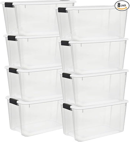Sterilite 8 Pack Ultra Latching Box, Storage Bins with Lids, Clear Plastic, 70 Quart - Heavy-Duty Organizing Containers for Closet, Bathroom, and Office