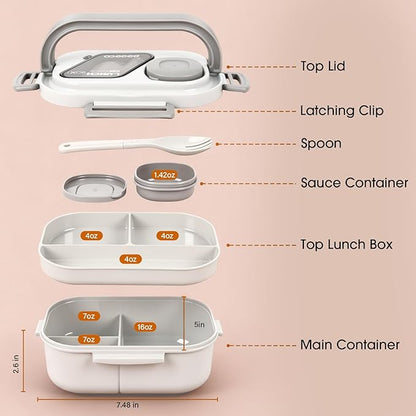 All-in-one Bento Lunch Box Set for Adults & Kids with Insulated Bag, Leakproof 3-Compartment and 2-Tier Stackable Container with Portable Sauce Pod, Microwave/Dishwasher Safe, BPA-Free (White)