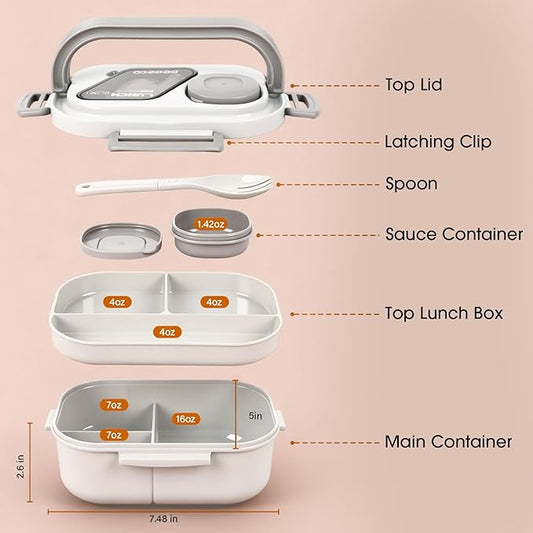 All-in-one Bento Lunch Box Set for Adults & Kids with Insulated Bag, Leakproof 3-Compartment and 2-Tier Stackable Container with Portable Sauce Pod, Microwave/Dishwasher Safe, BPA-Free (White)