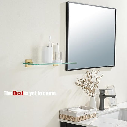 JQK Bathroom Glass Shelf, Floating Tempered Glass Shower Storage 16 by 5 inches, 304 Stainless Steel Brushed Gold Wall Mount 2 Pack, TGS201L16-BG-P2