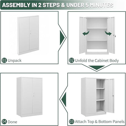 42" Folding Metal Storage Cabinet with Lock,2 Doors and 2 Adjustable Shelves,Quick Assembly Foldable Steel Cabinet for Office Home Garage,White