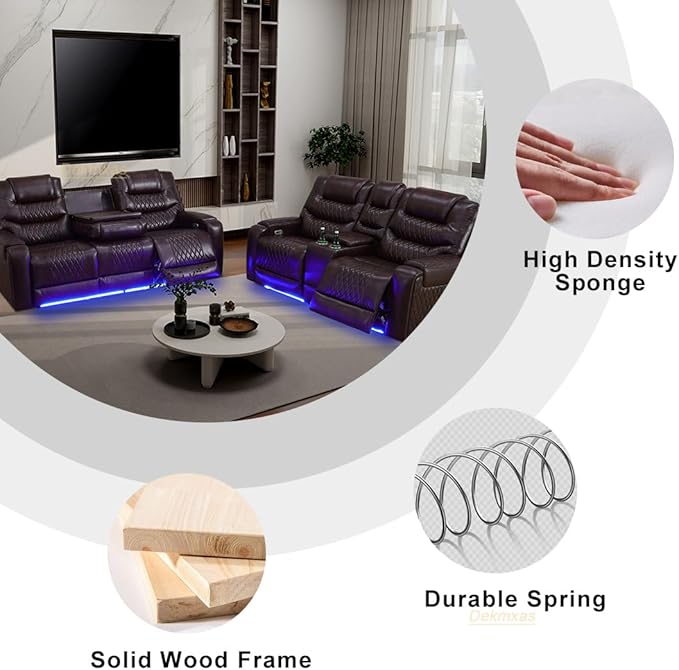 Living Room Furniture Sets, 2 Pieces Leather Power Reclining Sofa with Storage Console, Power Recliner Sofa and Loveseat with 4 Recliner Seats/LED Light/USB Port for Guest Room, Office