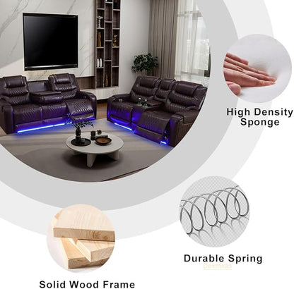 Living Room Furniture Sets, 2 Pieces Leather Power Reclining Sofa with Storage Console, Power Recliner Sofa and Loveseat with 4 Recliner Seats/LED Light/USB Port for Guest Room, Office