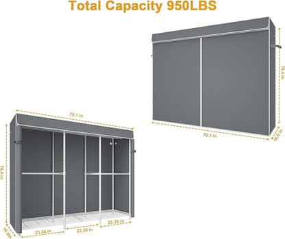 E14C Pro Heavy Duty Closet Organizer System，Freestanding Clothing Racks for Hanging Clothes，Adjustable Garment Rack 70.1"W × 16.6"D × 76.4"H Hold 960 lbs，White Rack with Grey Dustproof Cover