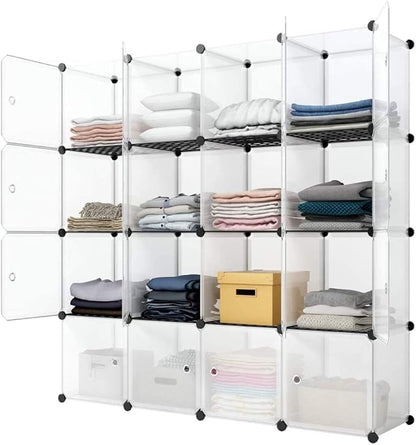 Aeitc Cube Storage Organizer Storage Cubes Add Wire Panel DIY Stackable Cubes Plastic Organizing Modular Cabinet Bookcase Cubby Closet Shelf for Bedroom, Living Room,16 White Cube with Door