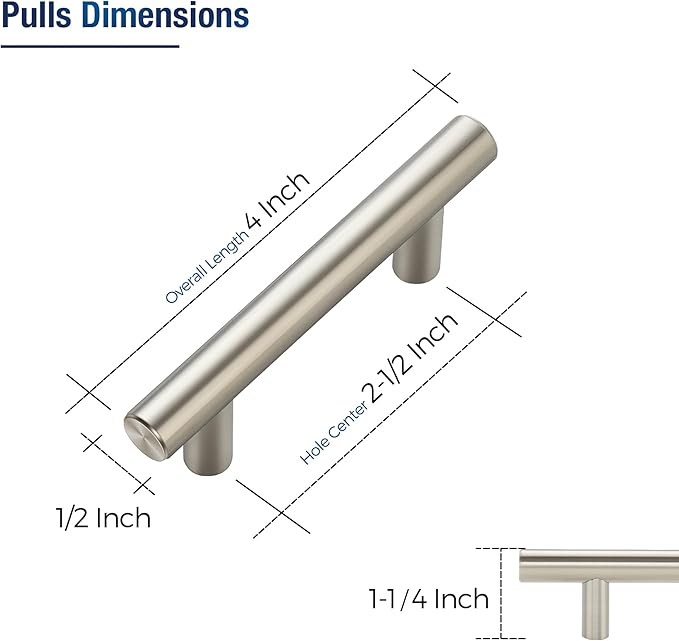 JOY DECOR 10 Pack Cabinet Handles, Brushed Nickel Cabinet Pulls, 2-1/2 in Hole Center Kitchen Cabinet Handles, Stainless Steel T Bar Handles for Dresser Drawers