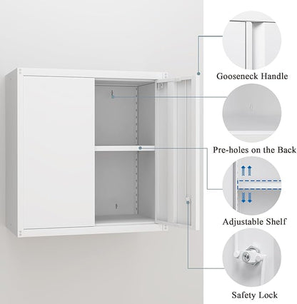 Metal Wall Cabinets, Kitchen Wall Hanging Cabinet, Locking Steel Storage Cabinets with Adjustable Shelves and Locking Doors, Wall Mount Tool Cabinet for Garage, Home, White