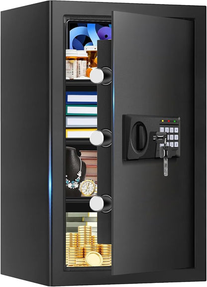 5.2 Cu Ft Large Home Safe Box Fireproof Waterproof, Personal Security Safe with Digital Keypad, Spare Keys, Alarm System and 3 Removable Shelves, Fire Document Safes for Home Money Medicine Valuables
