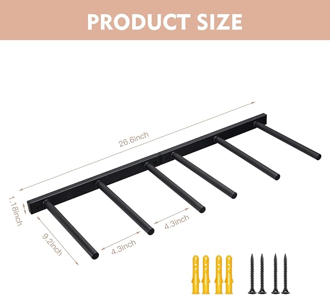 Wall Mounted Jump Rope Rack - 6 Peg Wall Mounted Gym Organizer Rack, Heavy-Duty Metal Purpose Hoop Rope Holder for Resistance Bands, Home/Gym Storage