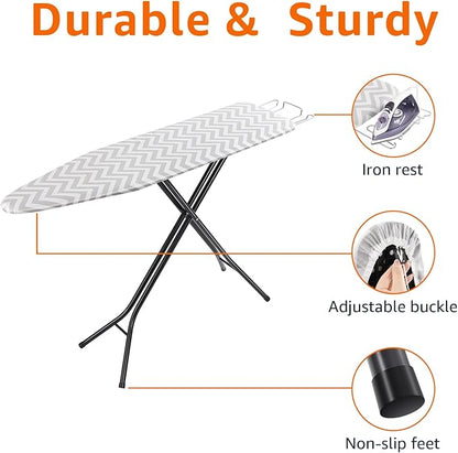 Amazon Basics Height Adjustable Full-Size Foldable Ironing Board, 4-Leg Fold-Up, Chevron Removable Cover, 60" x 14" x 38"