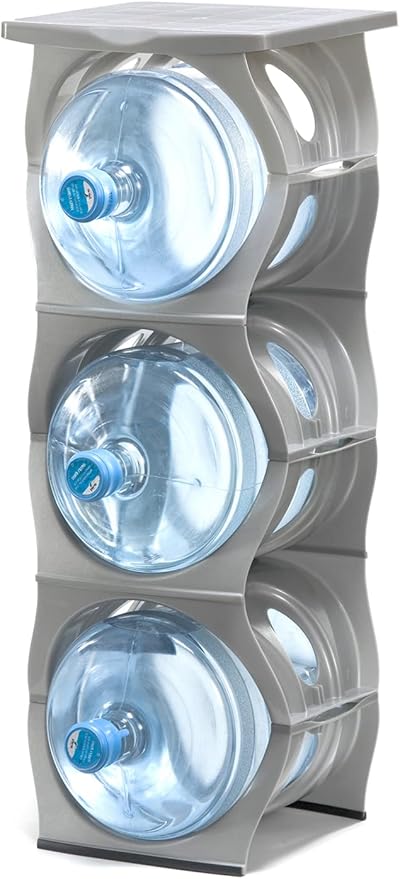 Bariboo Stackable Water Bottle Storage Rack Best Water Jugs 5 Gallon Organizer. Jug Holder for Kitchen, Cabinet and Office Organizing. Reinforced Polypropylene (Silver, 3 Plus Shelf)