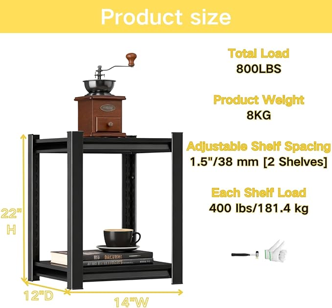 Kitchen Storage Shelves, 22''H*14''W Microwave Stand, Adjustable Metal Shelving, 800LBS Bakers Rack, Black Kitchen Shelf, 2-Tier Shelving Unit for Bathroom, Pantry, Laundry, Closet, Garage