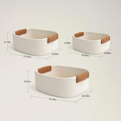 CHICVITA 3 Pack Rectangle Cotton Rope Woven Basket with Handles for Books, Magazines, Toys - Ideal Gift Decorative Basket for Baby Nursery, Living Room