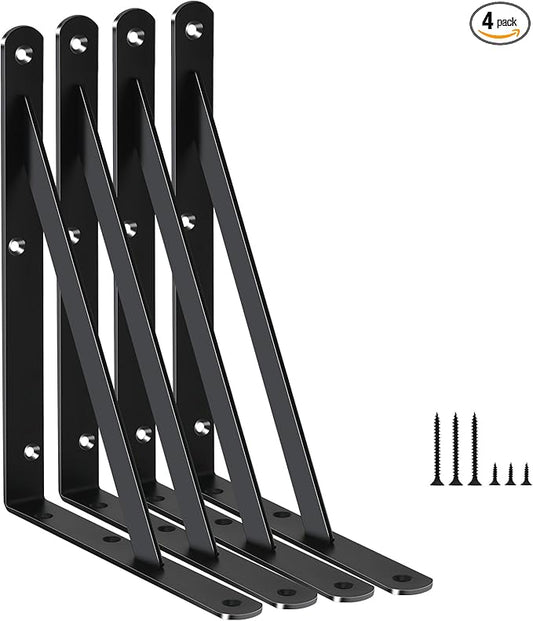 4 Pack L8 x H 6" Black Heavy Duty Shelf Brackets with Screws Metal Shelf Brackets Shelf Support Angle Brackets for Shelves L Brackets Heavy Duty Floating Shelf