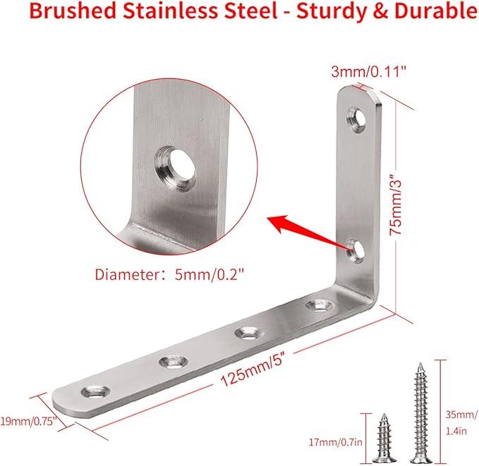 YUMORE L Bracket, 5" x 3" Max Load: 35lb/15KG Heavy Duty Stainless Steel Solid Shelf Support Corner Brace Joint Right Angle Bracket, Pack of 4