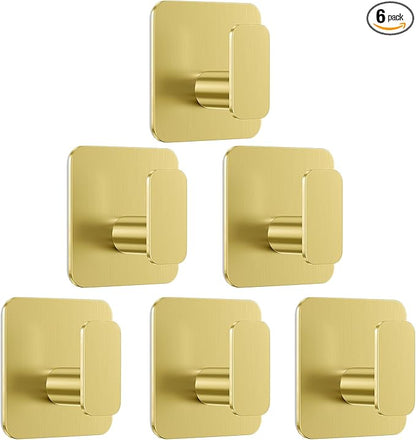 Gold Hooks for Hanging Heavy Duty, Adhesive Hooks for Shower, Bathroom, Kitchen, Robe, Towel, Coat, Waterproof & Rustproof Hook for Walls No Damage, Stainless Steel Sticky Hook - 6 Pack