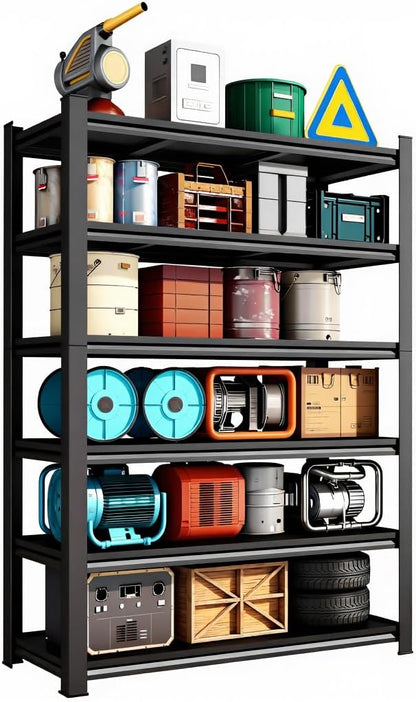 Metal Garage Shelving Unit, Heavy Duty 6-Tier Adjustable Storage shelves, Steel Shelving, 3000 lbs Capacity, Industrial Shelves for Heavy Tools and Equipment, Ideal for Garage, Basement, Black, 78"