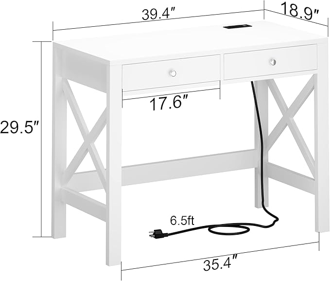 ChooChoo Computer Desk with USB Charging Ports and Power Outlets, 39" White Desk with Drawers, Small Study Writing Table with Stable X Frame for Home Office