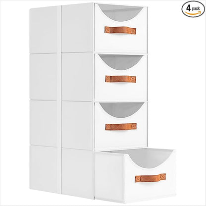 Stackable Storage Drawers - Collapsible Storage Bins with Drawers, 4 Pack Closet Shelf Organizer Basket, Fabric Pull Out Organizer for Bedroom, Living Room, Dorm, White