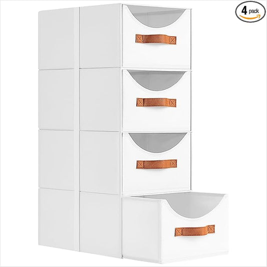 Stackable Storage Drawers - Collapsible Storage Bins with Drawers, 4 Pack Closet Shelf Organizer Basket, Fabric Pull Out Organizer for Bedroom, Living Room, Dorm, White