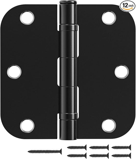 12 Pack Black Door Hinges 3.5 Inch 5/8" Radius Round Ball Bearing Anti-Squeak Flat Iron Hinges for Bedroom Doors Standard 3-1/2" Hardware for Home Improvement and Decor