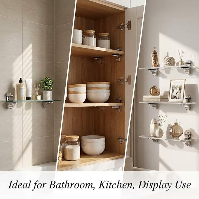 QWORK Adjustable Zinc Alloy Glass Shelf Brackets 8 Pack – Stable Support for Bathroom, Kitchen & Display Shelving