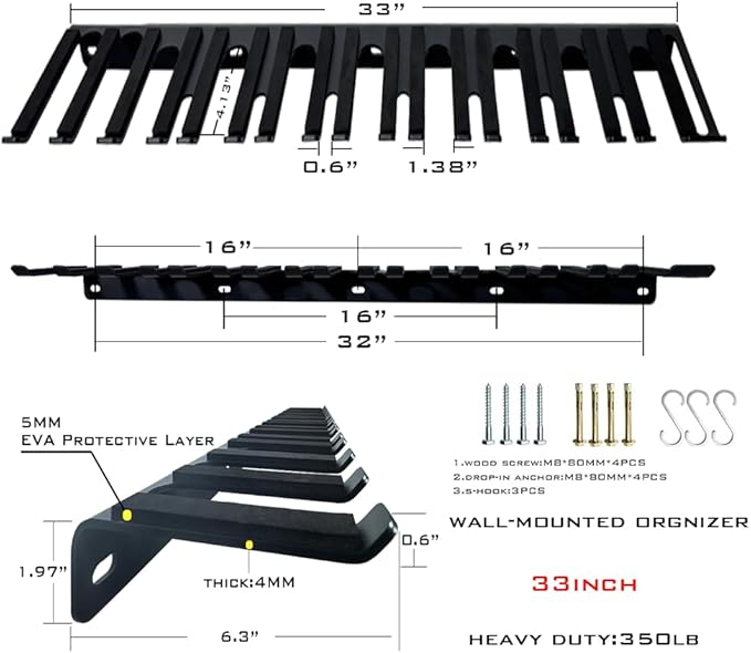 33" Wall Mount Barbell Storage & Tool Rack, 10L8S Slots Heavy Duty Organizer, 350LBS Load 4MM Steel 5MM EVA for Garage Home Gym.