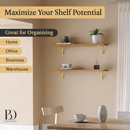 Classic Brass Heavy Duty Shelf Brackets 12 inch by Balin Designs – Gold L Bracket, Wall Mounted Support, Shelving Metal Bracket, Decorative Shelf Brackets, with Hardware Included, Set of 2