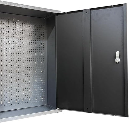 JZD Metal Garage Storage Cabinets Wall Mount with 2 Removable Shelves, Two Lockable Doors, and 22 Hooks for Tool Organization, Black & Grey