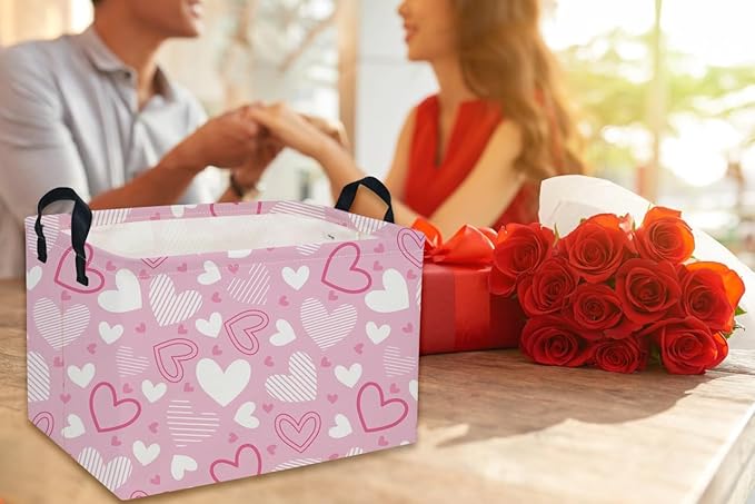 Rectangular Valentine's Day Baskets,Heart Basket,Pink Girls Basket Kids Storage Bin Love Room Decor for Home.(Pink Striped Heart)