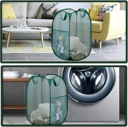Pop Up Laundry Hamper, Reinforced Mesh Laundry Basket, Folding Clothes Storage Bin for Home, Dorm, Apartments, Travel (Green, Vertical)