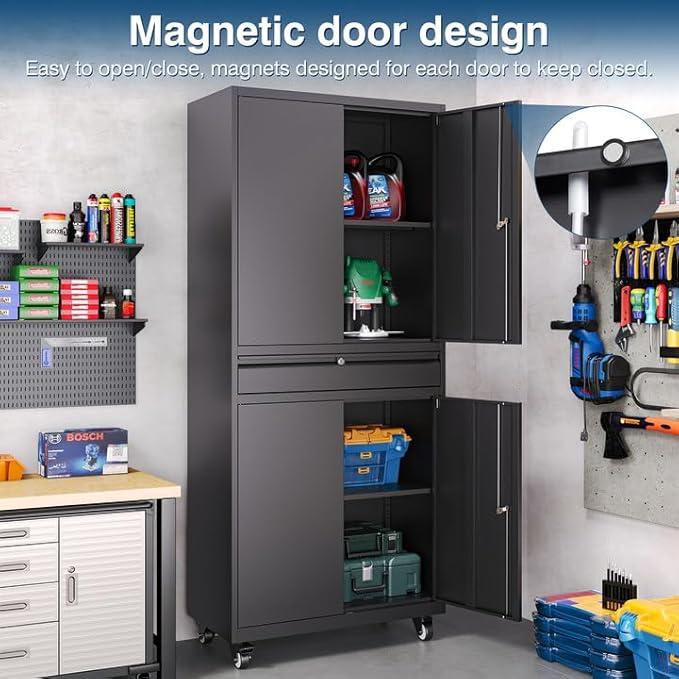 Black Metal Storage Cabinet with Wheels, 73" Tall Garage Rolling Storage Cabinets with Doors and Shelves, Lockable Tool Caninet Steel Locking Cabnets for Home Office, Garage, Pantry
