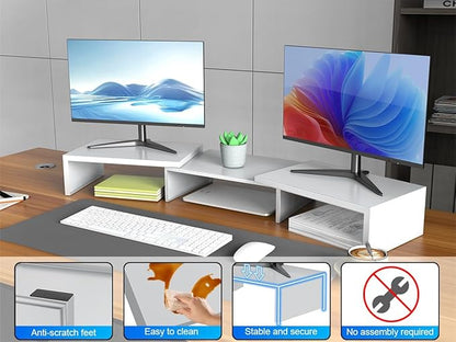 Dual Monitor Stand for Desk, Metal Computer Stand, Desk Shelf Riser,Desktop Organizer for Home and Office Use (White)