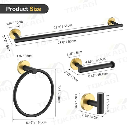 TQKAG Black and Gold Bathroom Accessory Set 5 Pieces, Round Stainless Steel Bath Towel Bar Set 23.6 Inch Towel Racks for Bathroom Wall Mounted