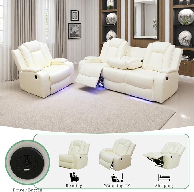 Modern 3 Recliner Seats Leather Power Sectional Reclining Sofa Set with LED Light, 2-Piece Power Recliner Sofa and Chair with Storage Console/Cup Holders for Living Room/Apartment/RV/Office