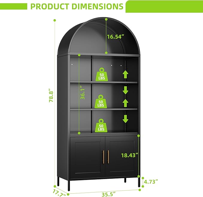 Arched Bookcase with 2 Adjustable Shelves,Black Arched Cabinet for Living Room, Home,Required Assembly,Black,17.7" D x 35.5" W x 78.8" H