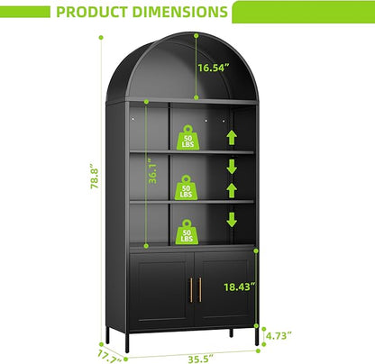 Arched Bookcase with 2 Adjustable Shelves,Black Arched Cabinet for Living Room, Home,Required Assembly,Black,17.7" D x 35.5" W x 78.8" H