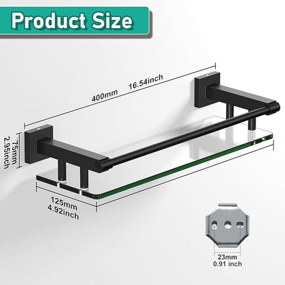 Glass Shelf 16IN for Bathroom Black Rectangular Stainless Steel Tempered Glass Modern Wall Mount Shelf Sink Over Toilet Bathroom Organizer (Matte Black, 16‘’)