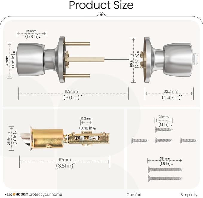 HOSOM Privacy Door Knob with Lock, Interior Door Knob for Bedroom and Bathroom, Keyless Doorknob with Round Ball, Satin Nickel Door Knob Lock, Interior Door Handle