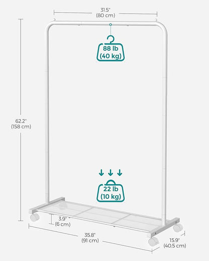 SONGMICS Clothes Rack with Wheels, Clothing Rack for Hanging Clothes, 25.4 mm Metal Garment Rack with Dense Mesh Storage Shelf, 110 lb Load Capacity, 2 Brakes, Cloud White UHSR025W01