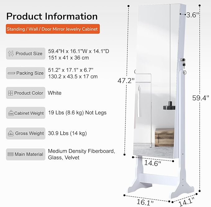 GISSAR Jewelry Organizer Full Length Mirror Jewelry Cabinet Standing/Wall/Hanging Door Jewelry Armoire Storage with Lights, Lockable, White