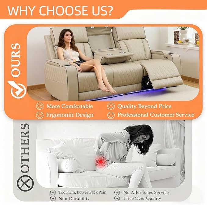 Khaki Leather Living Room Furniture Set,Power Theater Recliner Chair with Arm Storage and LED Lights, Reclining with Power Headrest and Cup Holders for Living Room/Home/Office