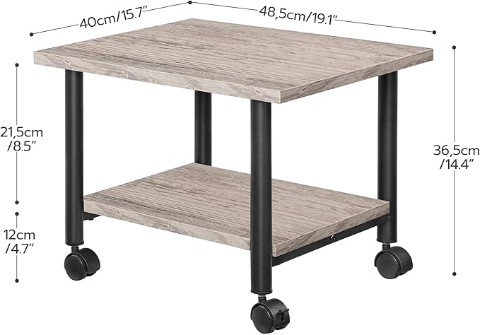 HOOBRO Printer Stand, 2-Tier Industrial Under Desk Printer Cart with Shelf, Mobile Heavy Duty Storage Rack on Wheels for Home, Office, Grey and Black BG02PS01G1